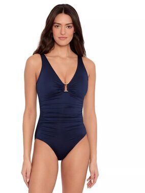 145$ Lauren Ralph Lauren One Piece Shirred Ring-Front Swimsuit Size 6 Blue